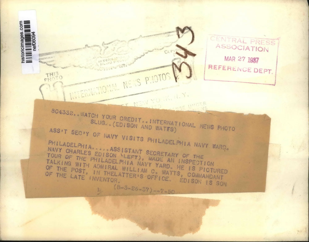 1937 Press Photo Navy Secretary Charles Edison Visiting Philadelphia Navy Yard