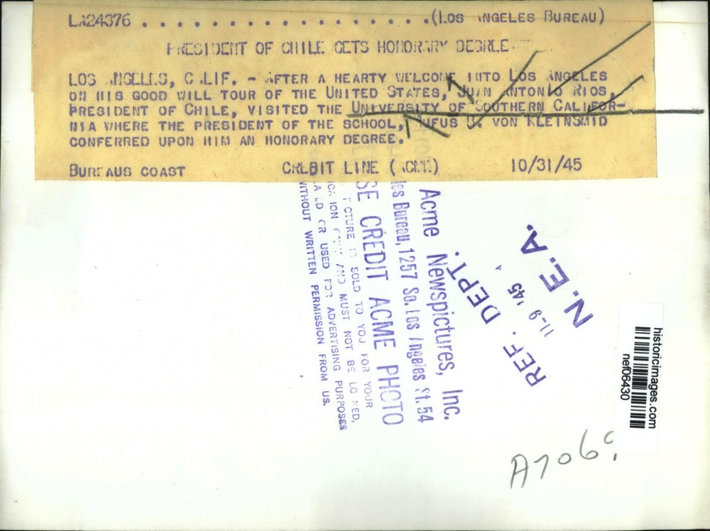 1945 Press Photo Chilean President Juan Antonio Rios Gets Honorary Degree