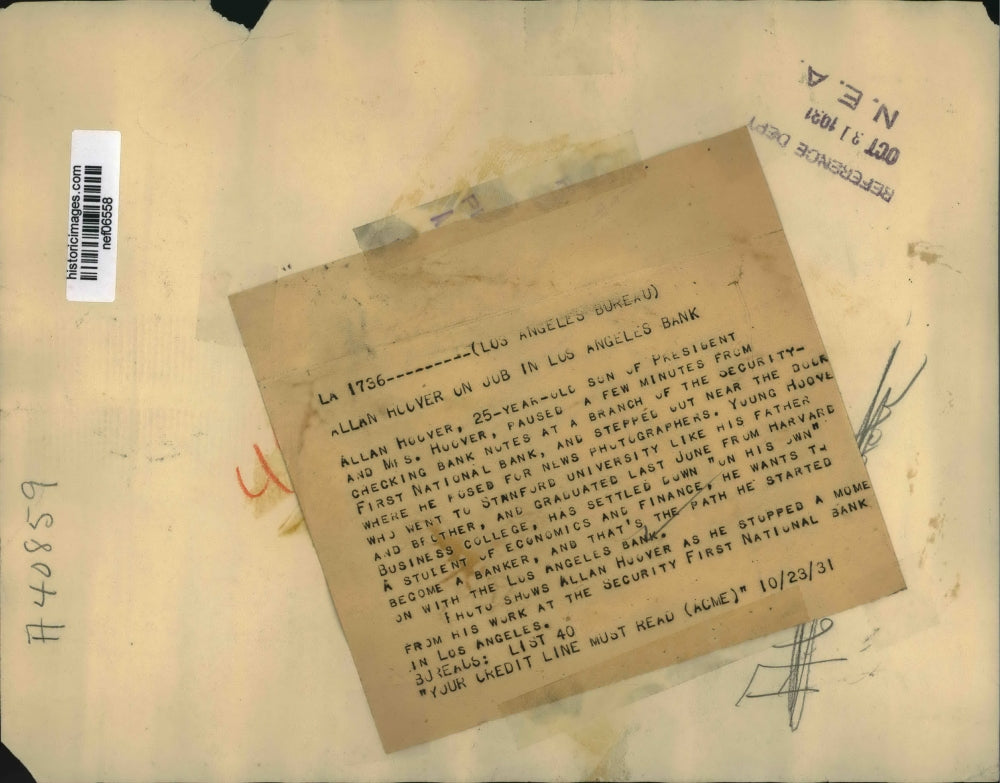 1931 Press Photo Allan Hoover, Son of President at Security First National Bank