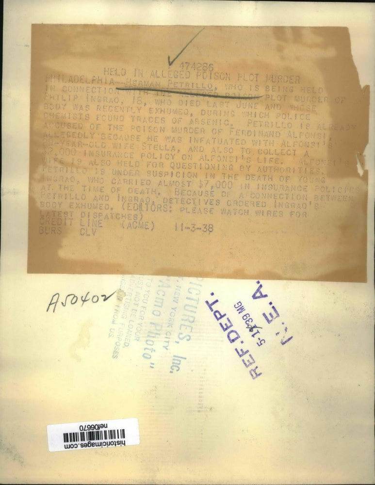 1938 Press Photo Herman Petrillo held in alleged Poison Plot Murder - nef06670