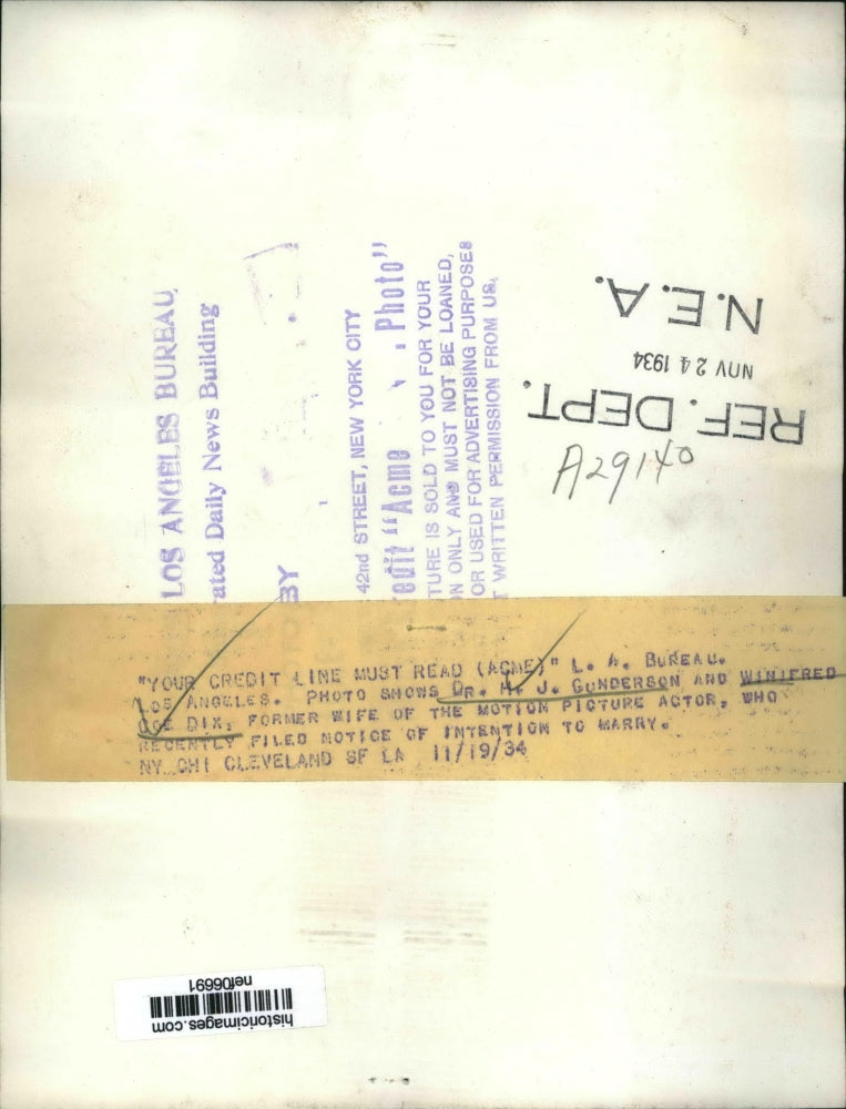 1934 Press Photo Dr.H.J, Gunderson and Winifred Coe Dix filed notice to marry