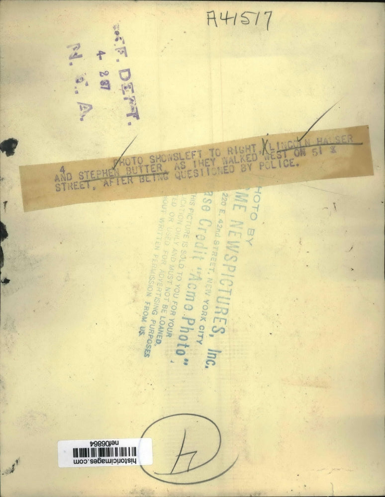 1937 Press Photo Lincoln Hauser, Stephen Butter After Being Questioned by Police