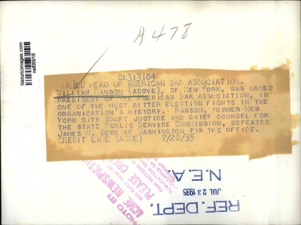 1935 Press Photo William Ransom of N.Y head of American Bar Association