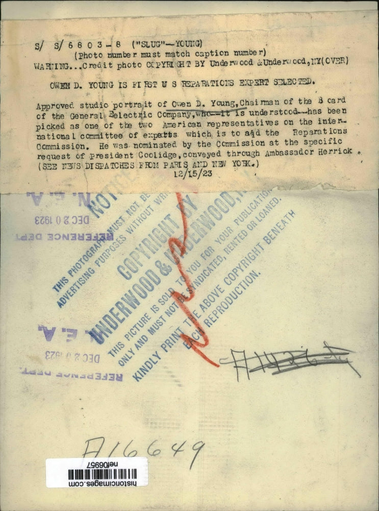 1923 Press Photo Owen D.Young,Chairman of the Board of General Electric