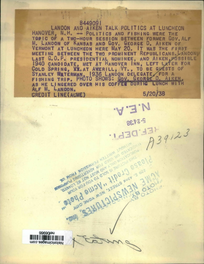 1938 Press Photo Governor George D. Aiken of Vermont at Luncheon - nef06966