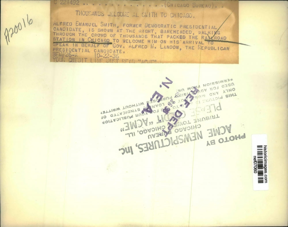 1936 Press Photo Alfred Emanuel Smith Speaking at Chicago Railroad Station