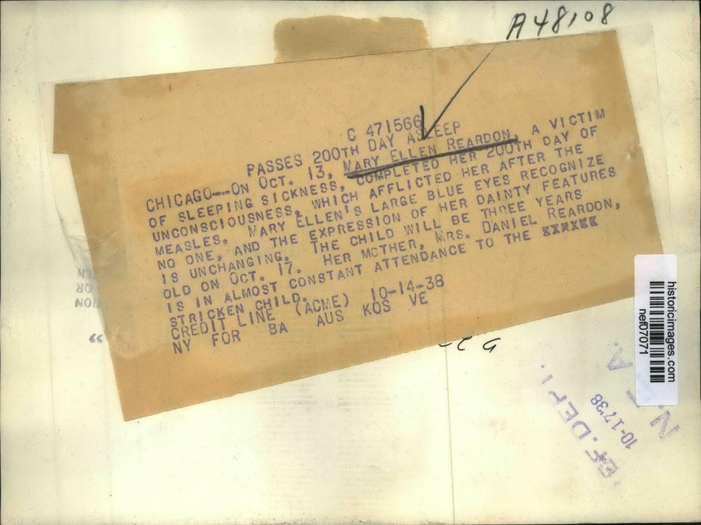 1938 Press Photo Mary Ellen Reardon 3-Year-Old Sleeping Sickness Victim