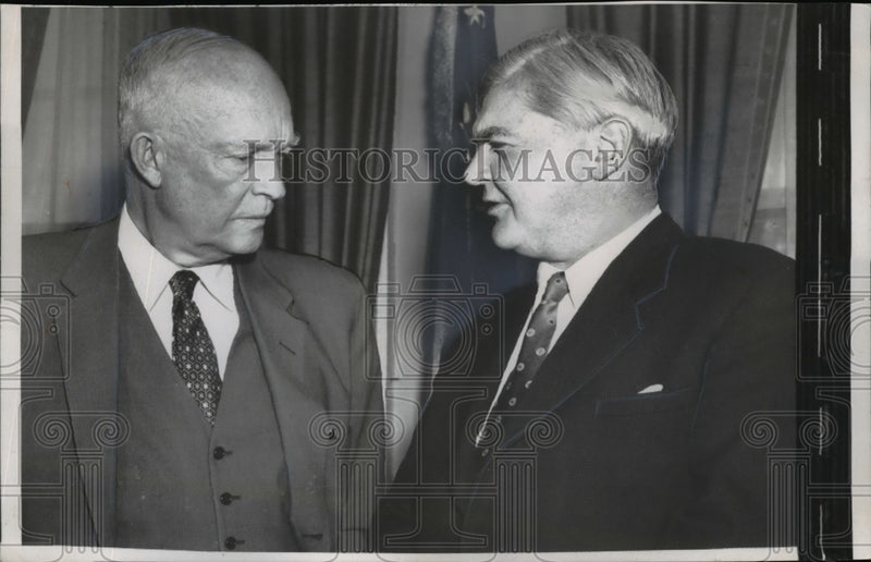 Load image into Gallery viewer, 1957 Press Photo Dwight Eisenhower Visited by British Labor Leader Ernest Bevan
