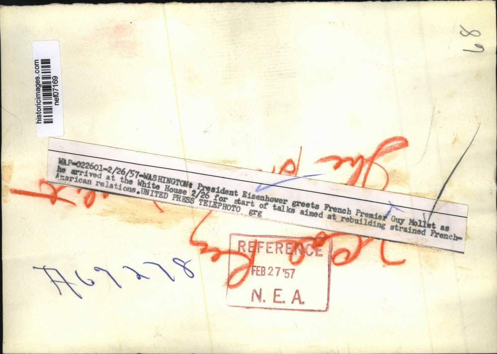 1957 Press Photo Pres.Dwight Eisenhower greets French Premier Guy Mollet