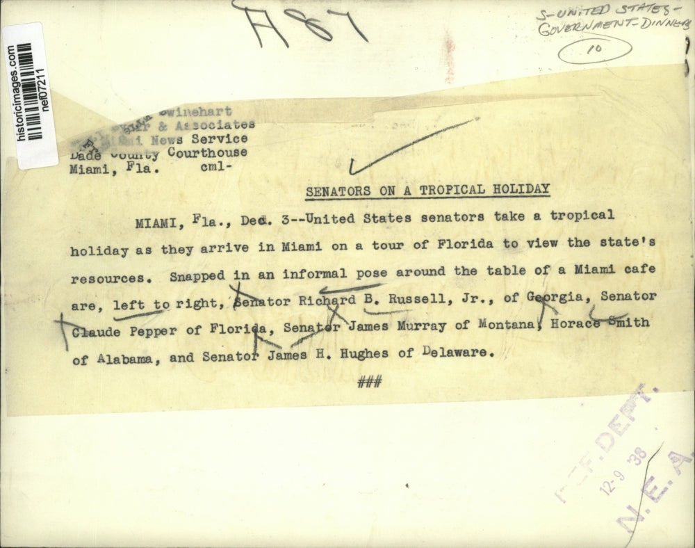 1938 Press Photo Unites States Senators in Miami on a tour of Florida