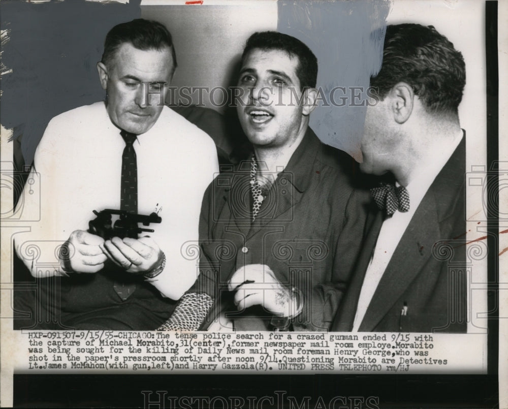 1955 Press Photo Detectives Questioning Shooting Suspect Michael Morabito