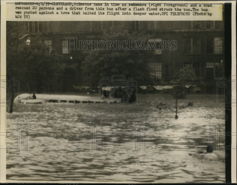 Load image into Gallery viewer, 1959 Press Photo Boat Rescues 20 People from Bus During Flash Flood Cleveland
