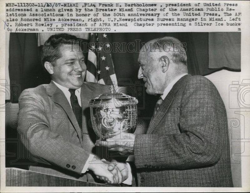 Load image into Gallery viewer, 1957 Press Photo Rowley honored by Ackerman at 50th anniversary of United Press
