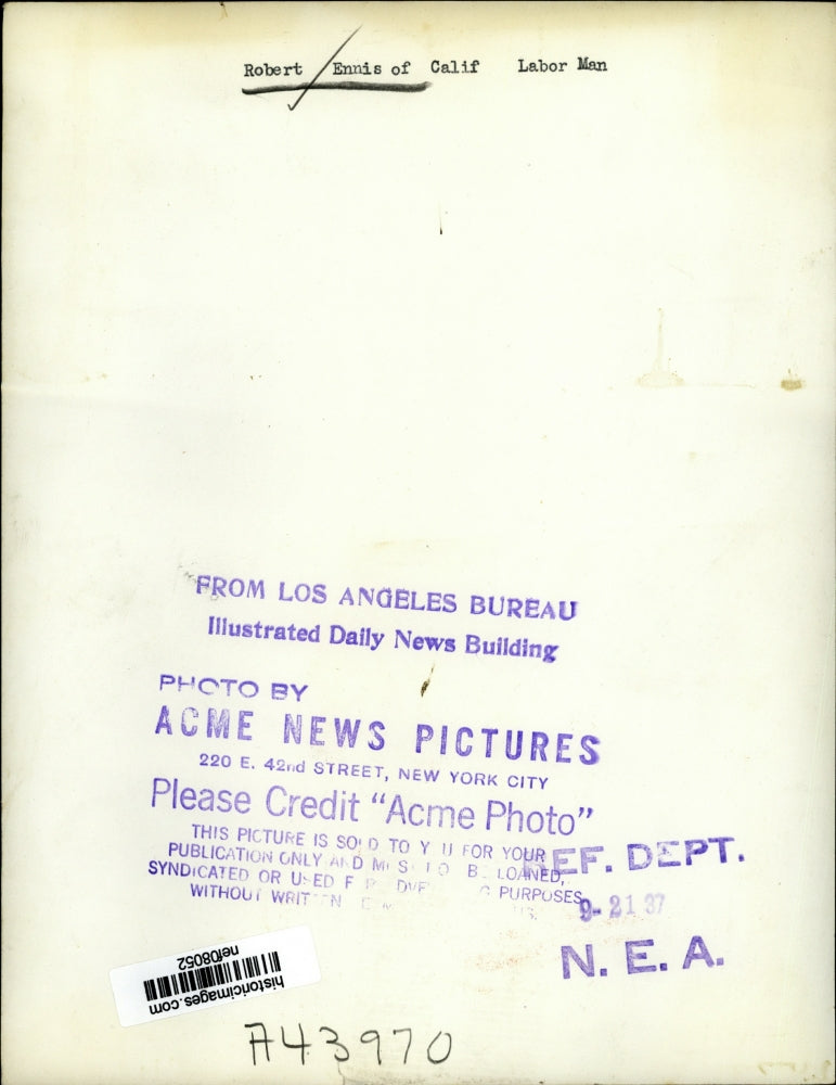 1937 Press Photo Labor Man Robert Ennis of California - nef08052