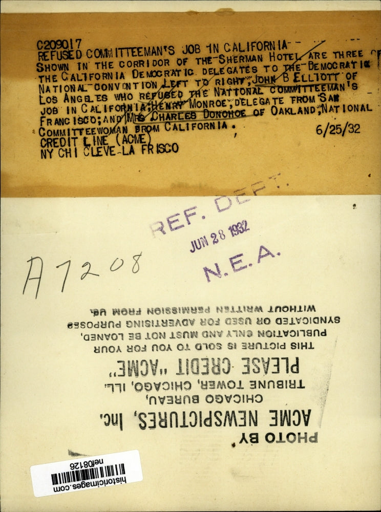 1932 Press Photo Elliott Refused The National Committeeman's Job in California.