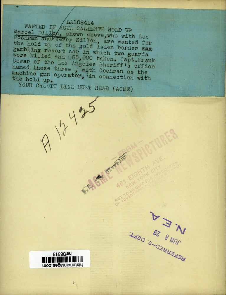 1929 Press Photo Marcel Dillon Wanted For Gambling Resort Hold Up and Murder