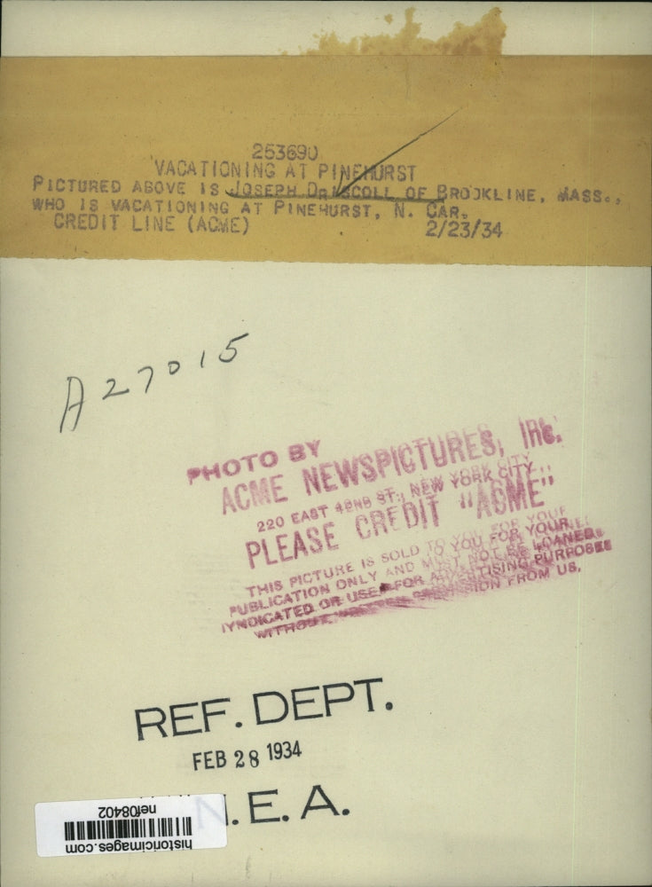 1934 Press Photo Joseph Driscoll Vacationing in Pinehurst North Carolina