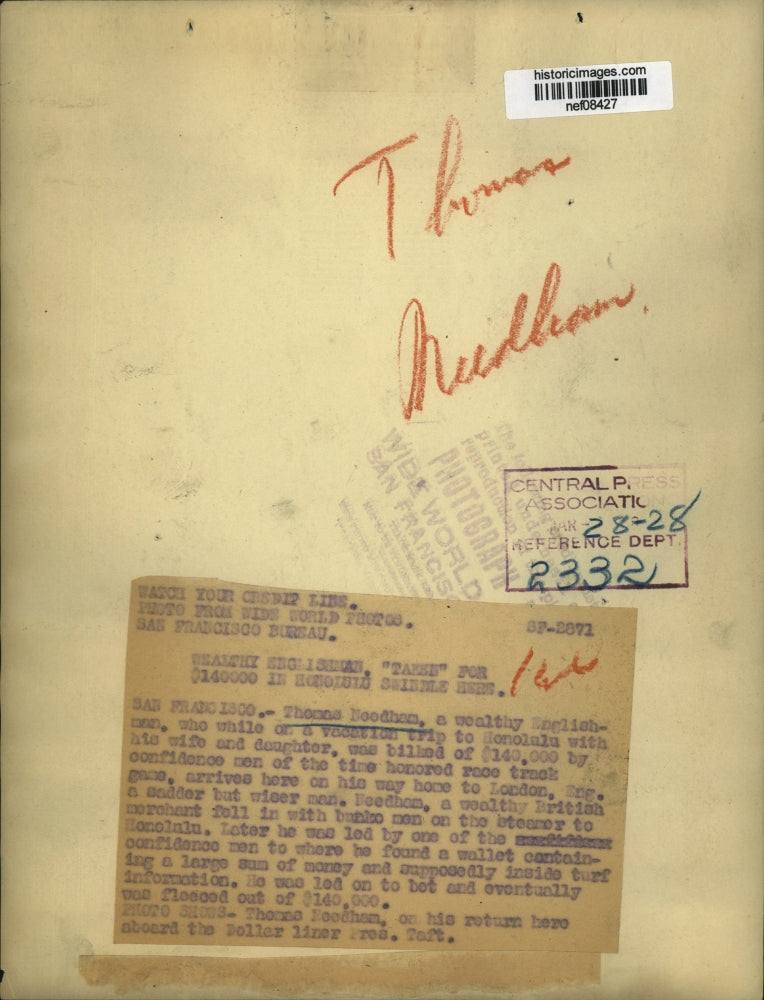 1928 Press Photo Wealthy Englishman Taken For $140,000 in Honolulu Swindle