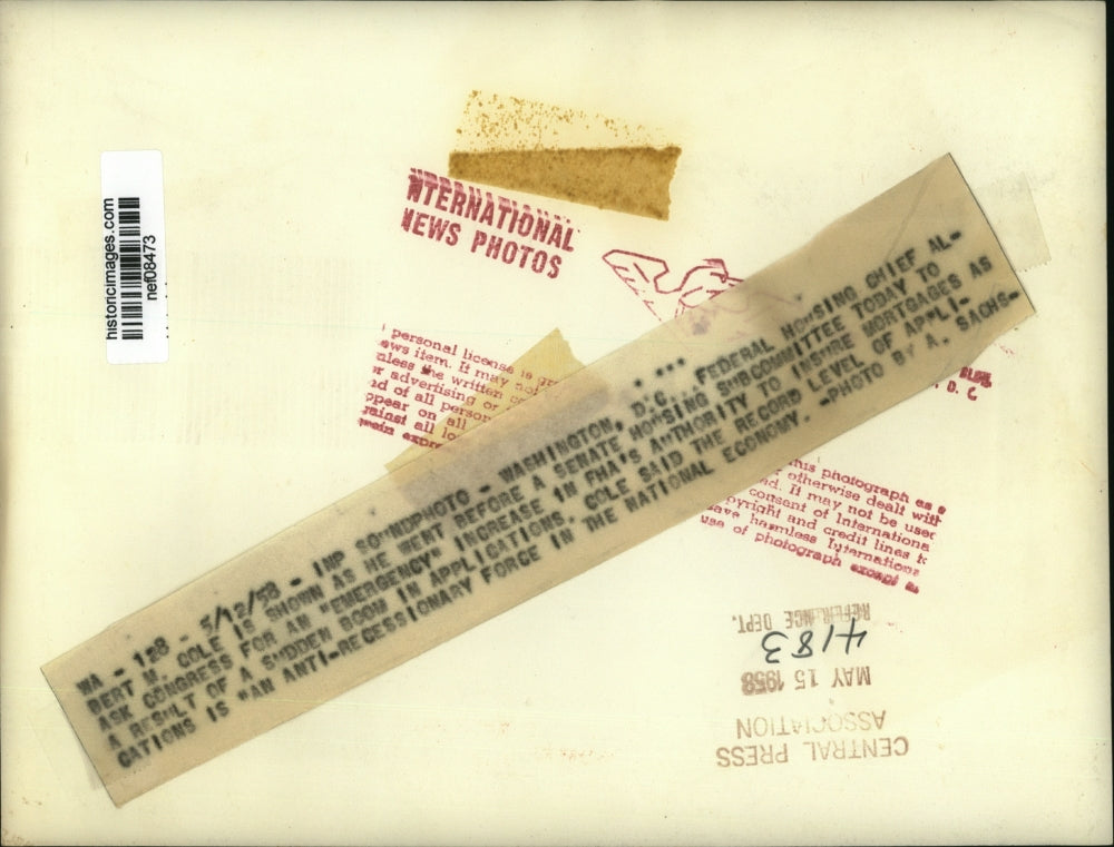 1958 Press Photo Bert W. Cole asks for "Emergency" increase in FHA's authority