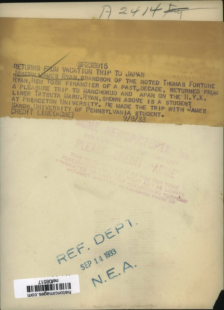 1933 Press Photo Grandson of T. F. Ryan New York Financier Returns From Trip
