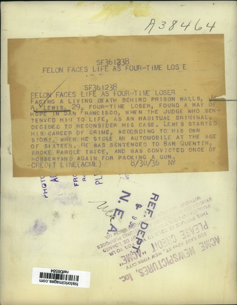 1936 Press Photo John A.Lewis behind prison walls as an Habitual Criminal