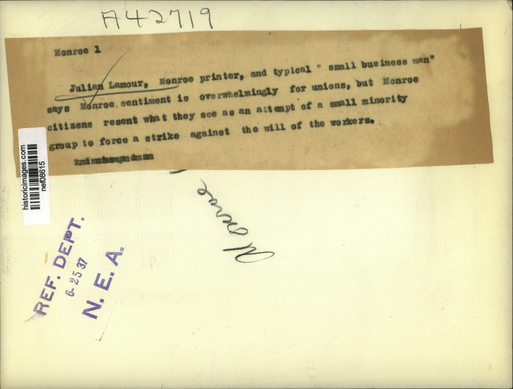 1937 Press Photo Small Business Man Says Monroe's View Overwhelmingly For Unions