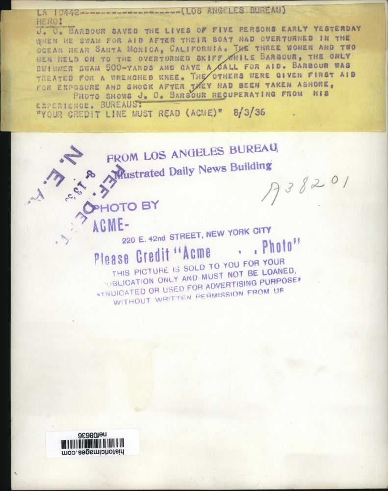 1936 Press Photo Hero J.O. Barbour Saved Five People After Boat Overturned