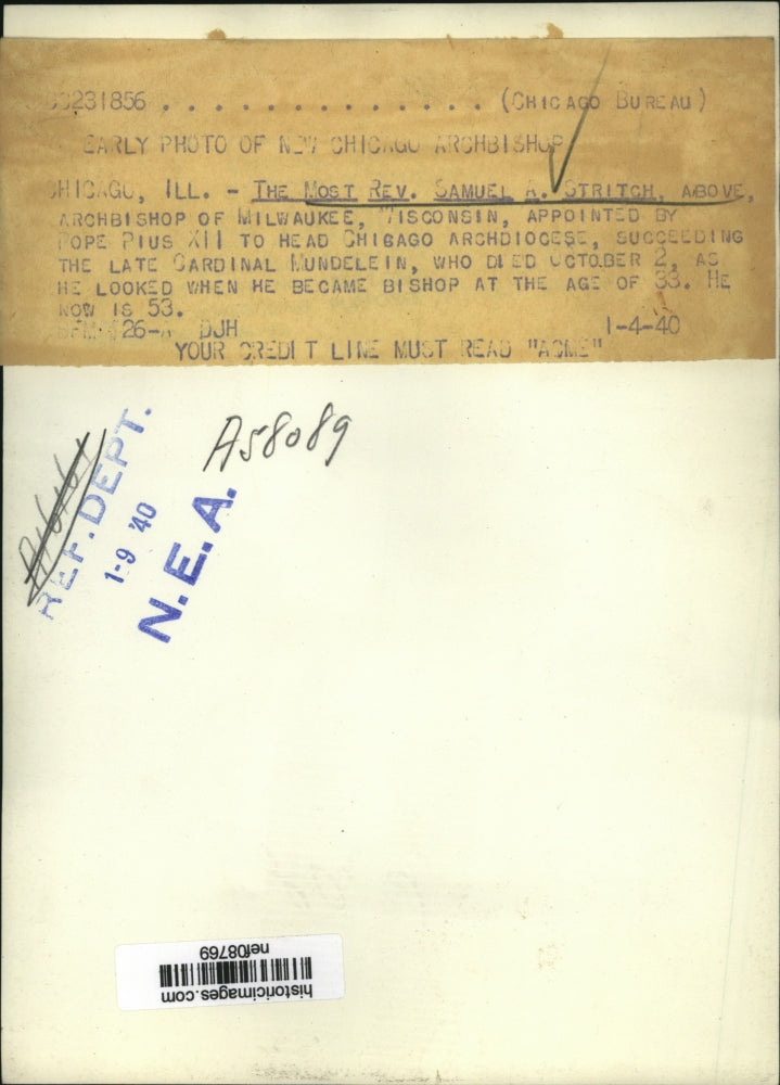 1940 Press Photo Most Rev. Samuel A.Stritch, Archbishop of Chicago - nef08769