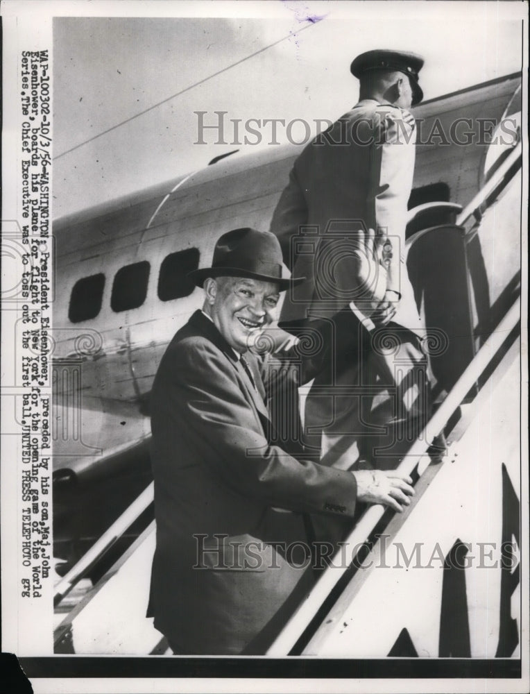 Load image into Gallery viewer, 1956 Press Photo President Eisenhower and His Son Boards Plane For Flight to NY
