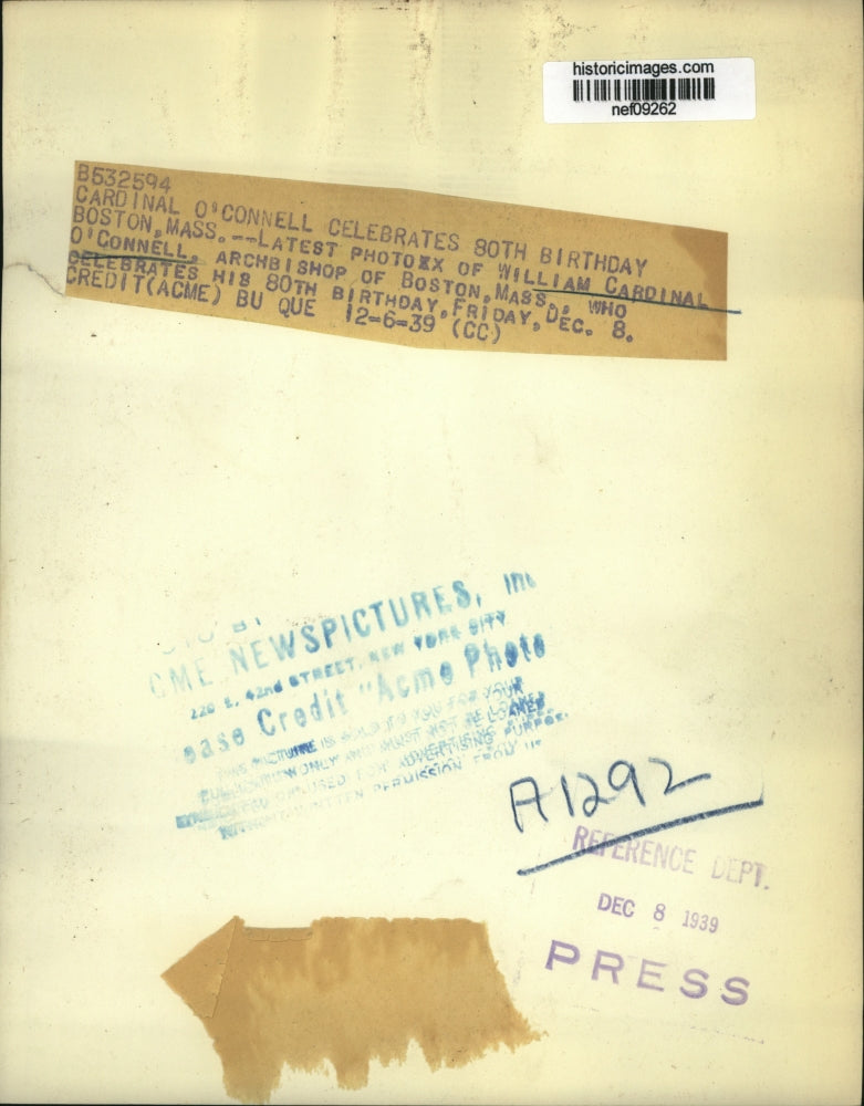 1939 Press Photo O'Connell Archbishop Of Boston Celebrates 80th Birthday