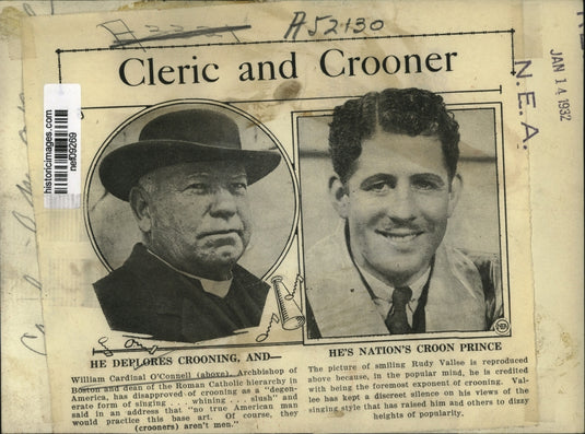 1932 Press Photo William Cardinal O'Connell, Arch. of Boston and Rudy Vallee