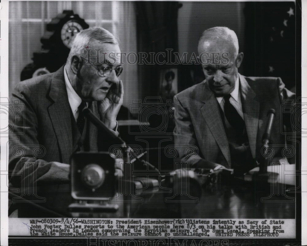 1956 Press Photo Pres Eisenhower Listens To John Dulles As He Reports Americans