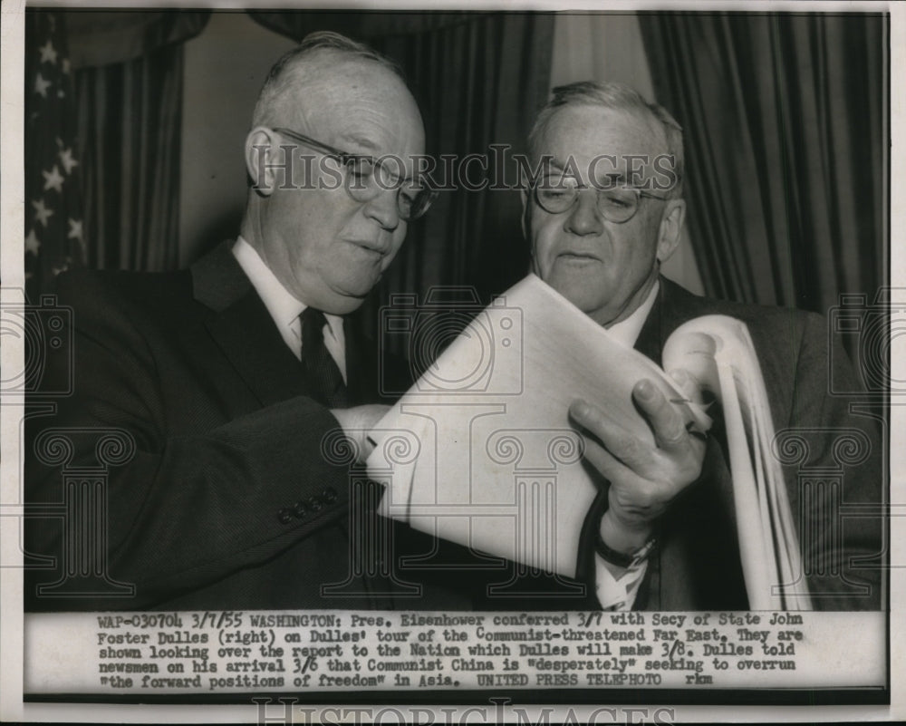 1955 Press Photo Pres Eisenhower confers with Secretary of State on Dulles&#39; Tour