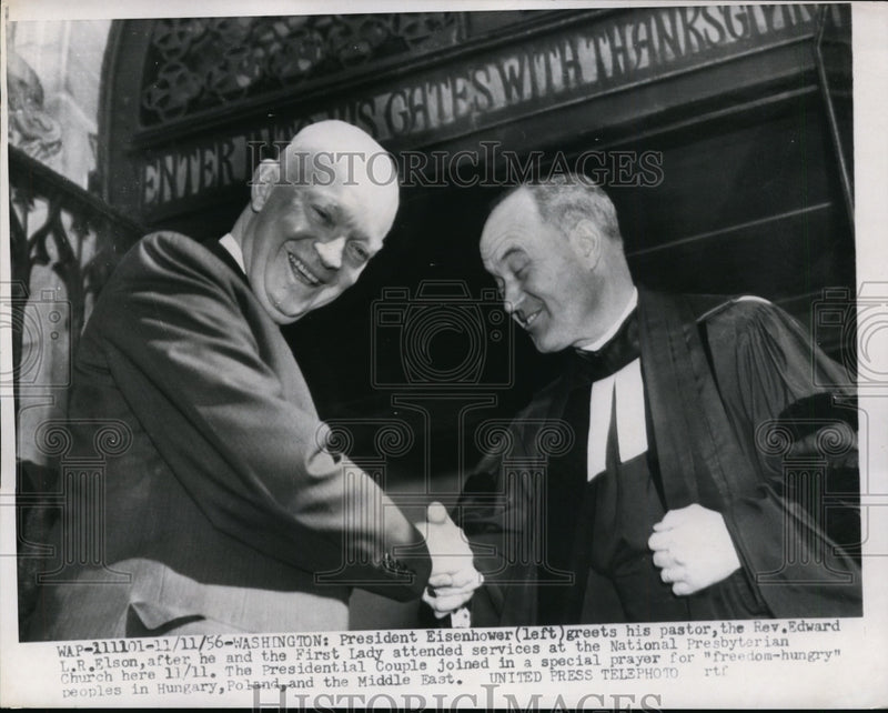 Load image into Gallery viewer, 1956 Press Photo Pres Eisenhower Greets Pastor After Attended Services
