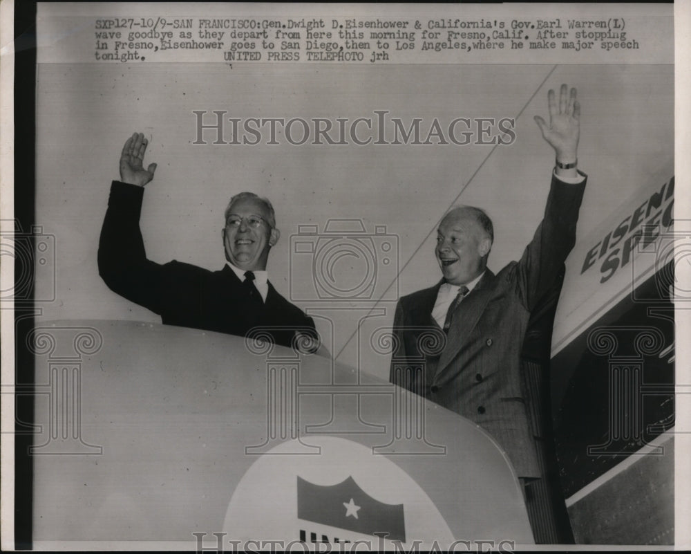 1952 Press Photo Gen Eisenhower and Gov Warren Wave Goodbye to Fresno California