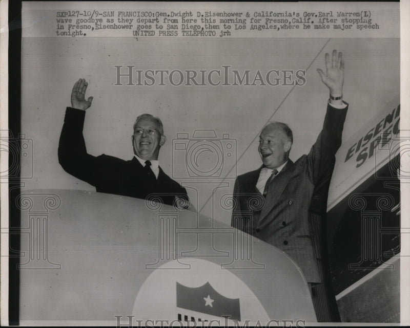 Load image into Gallery viewer, 1952 Press Photo Gen Eisenhower and Gov Warren Wave Goodbye to Fresno California
