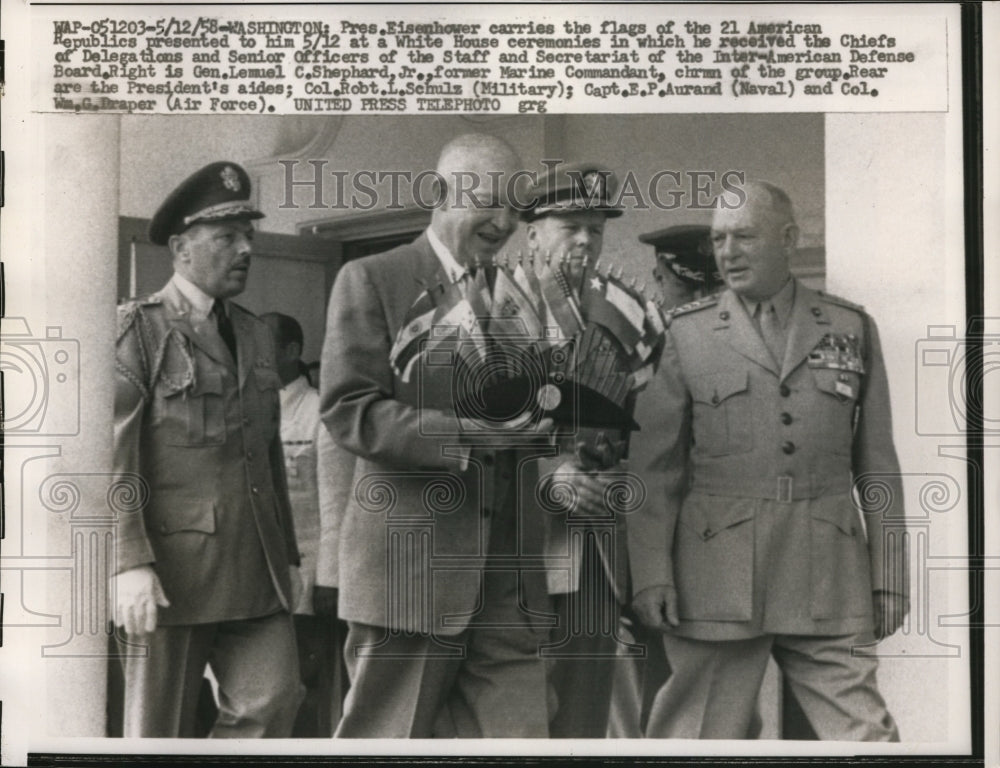 1958 Press Photo Pres Eisenhower Carries The Flags of 21 American Republics