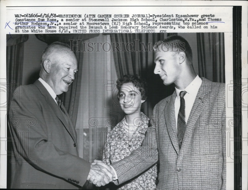 Load image into Gallery viewer, 1958 Press Photo Pres. Dwight Eisenhower greets top Science graduates
