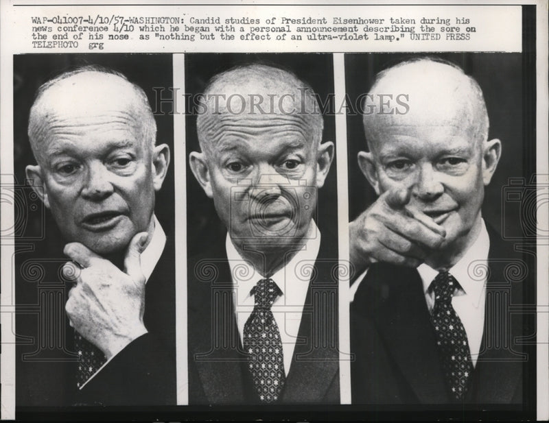 Load image into Gallery viewer, 1957 Press Photo Pres Eisenhower Says Sore On His Nose Is From A Violet Lamp
