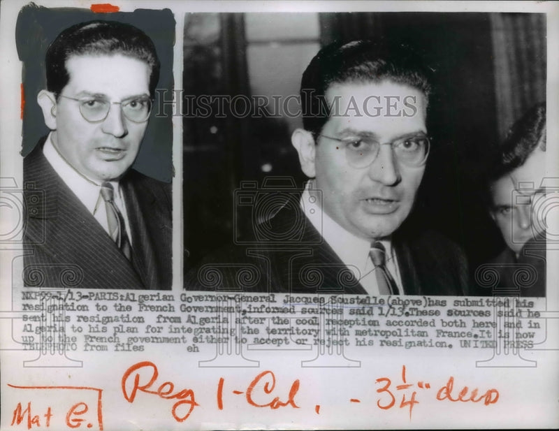 Load image into Gallery viewer, 1956 Press Photo Jacques Soustelle submits his resignation to French Government
