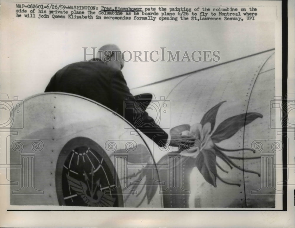 1959 Press Photo Pres Eisenhower Pats Painting as He Boards His Private Plane