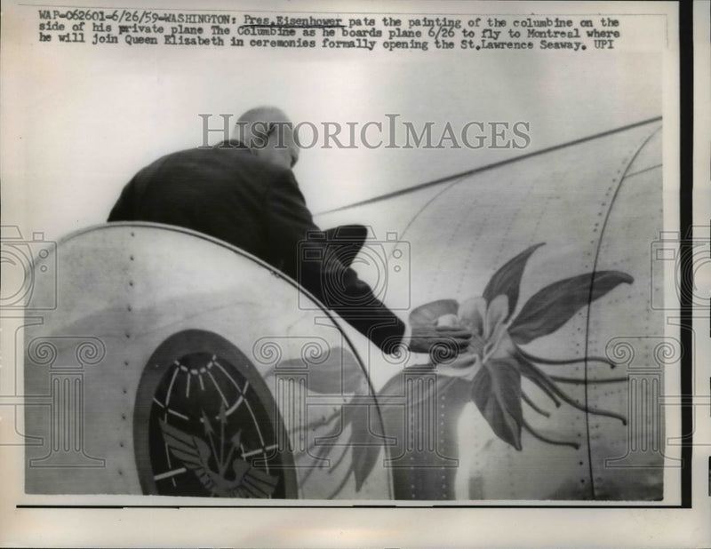 Load image into Gallery viewer, 1959 Press Photo Pres Eisenhower Pats Painting as He Boards His Private Plane
