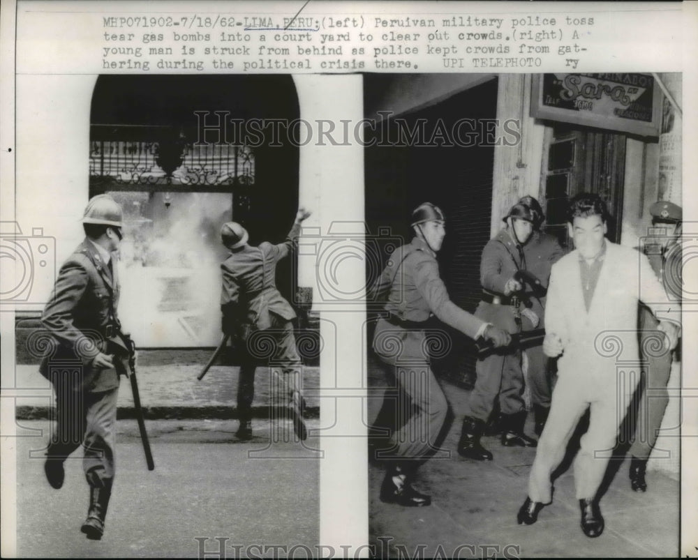 1962 Press Photo Peruvian Police Toss Tear Gas Bombs To Clear Out Crowds
