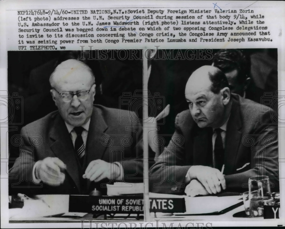 1960 Press Photo US Ambassador James Wadsworth Debates With Valerian Zorin