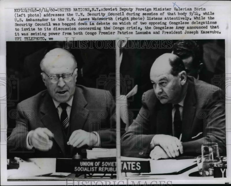 Load image into Gallery viewer, 1960 Press Photo US Ambassador James Wadsworth Debates With Valerian Zorin
