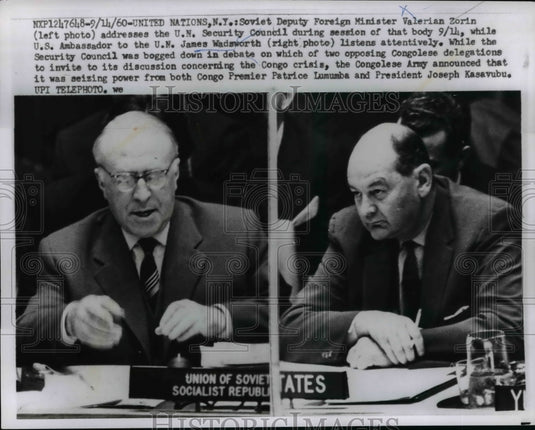 1960 Press Photo US Ambassador James Wadsworth Debates With Valerian Zorin