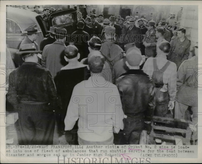 Load image into Gallery viewer, 1951 Press Photo Victim of Orient No. 2 Mine Loaded Into One Fleet of Ambulances
