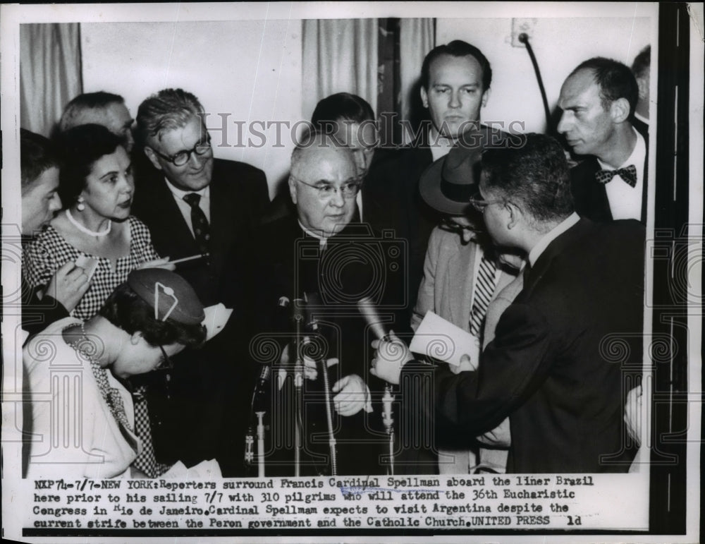 1955 Press Photo Reporters surround Cardinal Spellman aboard the liner Brazil