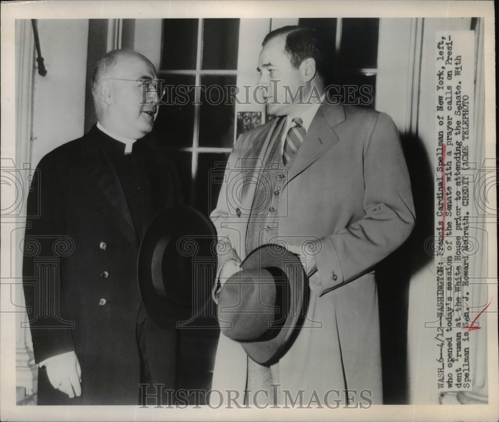 1949 Press Photo Francis Cardinal Spellman chat with Sen.J.Howard McGrath