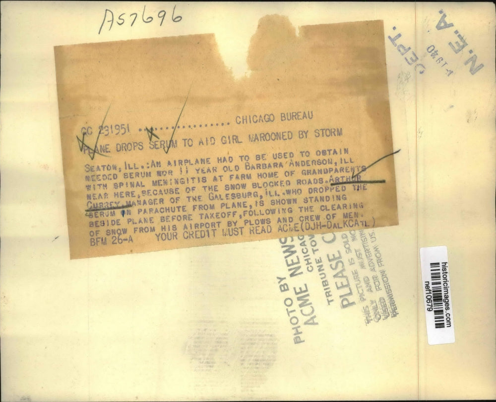 Undated Press Photo Plane drops serum to air Barbara Anderson before heavy snow
